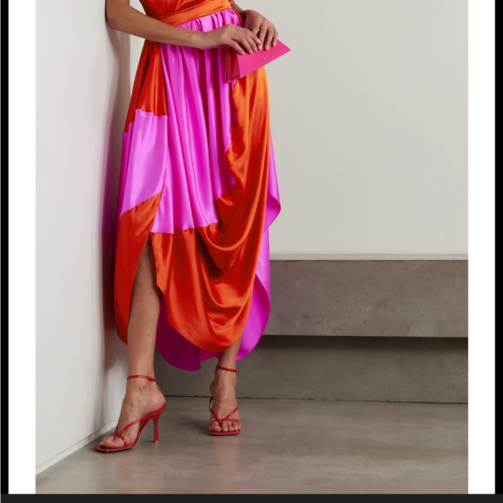 Kobi Asymmetric Draped Pleated Two-Tone Silk-Satin Maxi Skirt